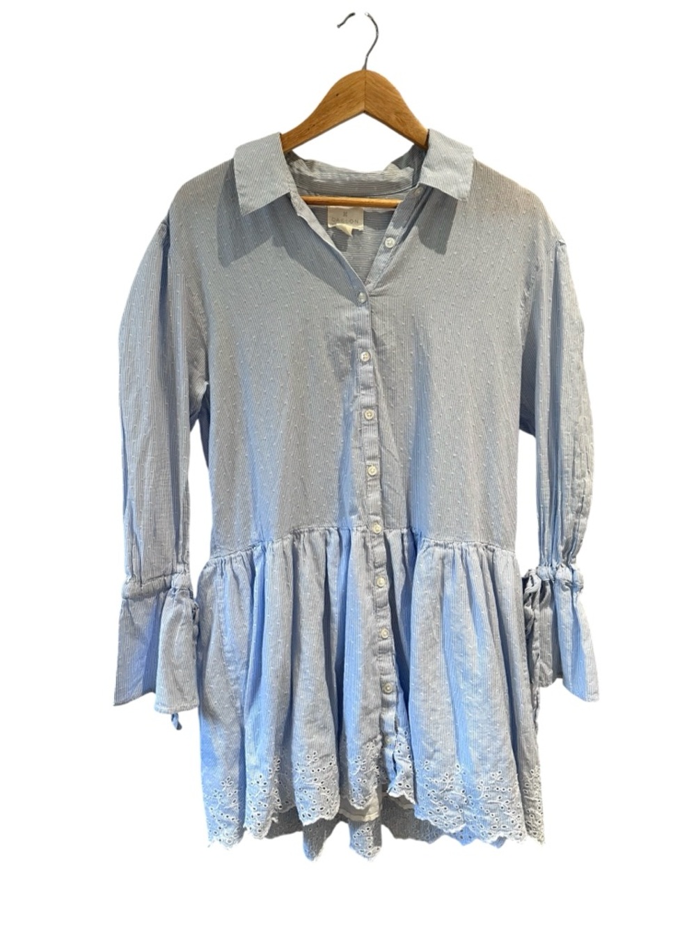 Caslon Striped Eyelet Shirt Dress Size Medium Blue White Ruffle 100% Cotton